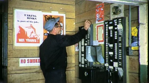 1950s WORKER Punches the TIME CLOCK Employee Industry Vintage Film Movie Job Stock Footage 8996974