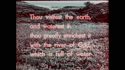 1950s:Religious scripture text superimposed over mountainous forest. Trees along Stock Footage 232948242