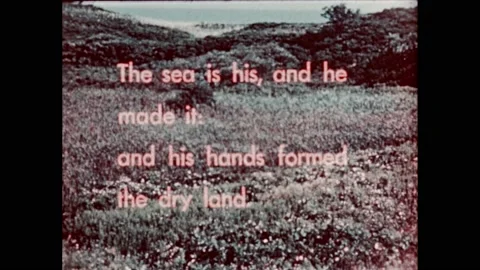 1950s:Religious scripture text superimposed over mountainous forest. Rocks and Stock Footage 232948301