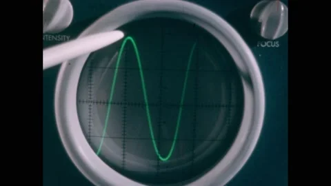 1950s:White pen points to sine waves on oscilloscope. Intensity and focus knobs 動画素材 220809452