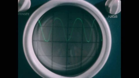 1950s:White pen points to sine waves on oscilloscope. Intensity and focus knobs 動画素材 220809457