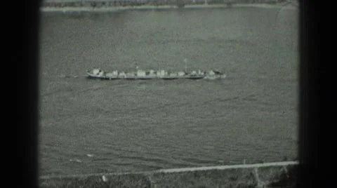 1951: transport barge ship going upriver in scenic area GERMANY Stock Footage