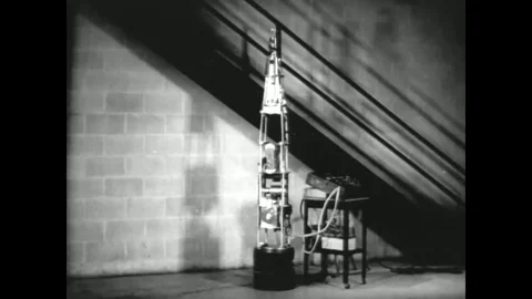 1952 - The nose section of a Aero Med Aerobee rocket is fitted with a motion Stock Footage 79613696