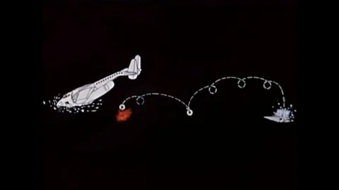 1952 A plane crashes and combust from a spark created by the landing gear strut. Stock Footage 115664405