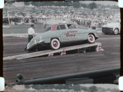 1953 Alberta, Canada film of Hell Drivers stunt cars. 2k overscan of a 16mm film Stock Footage 294413654