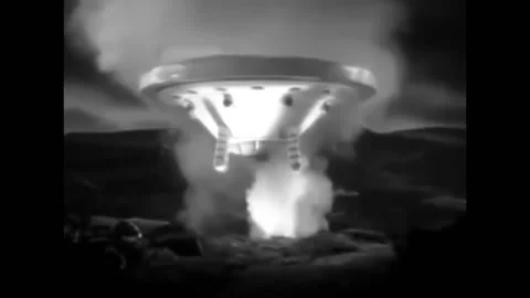 1954 - In this British, Sci-Fi horror film, an alien ship lands on the ground in Stock Footage 221854637