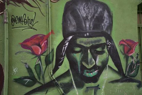 A Mural of Tupac Shakur in Chinatown Alley in San Francisco xkwx alley, art, background, chinatown, classic, concept, design, face, famous, male, mural, old, painting, paper, san francisco, texture, traditional, tupac shakur, vintage, wall