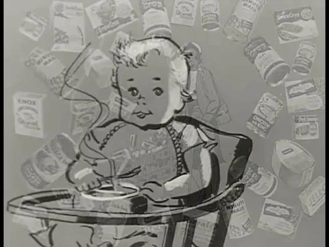 1955- The various elements of creative marketing in baby food is discussed. Stock Footage 79457653
