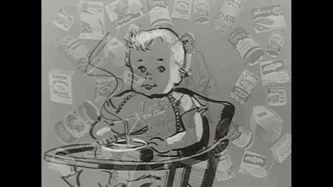 1955 The various elements of creative marketing in baby food is discussed. Stock Footage 115664586