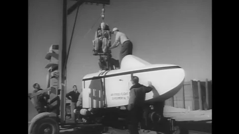 1956 - Dummies are used in a test for ejecting pilots from supersonic jets. Stock Footage 122532306
