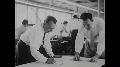 1958 - Designers at the drawing board, machine tools, mining, metalworking and a Stock Footage 86407891