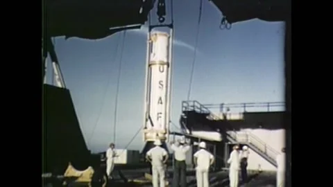 1958 - A Thor missile is assembled and prepared for launch with multiple stages, Stock Footage 241808331