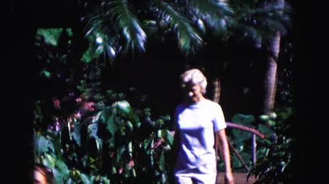 1960:MIAMI FLORIDA USA.Mujer Cruza Puente De Bambú Rojo Y Muestra A Niña Flores Stock Photos
