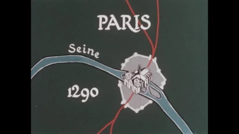 1960s: Animated map of Paris.  Lines appear.  Notre Dame cathedral. Stock Footage 260766402