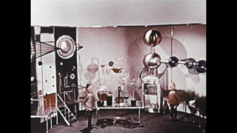 1960s: Animation, man at control panel. Man looks at notepad. Man with plants. Stock Footage 307513734