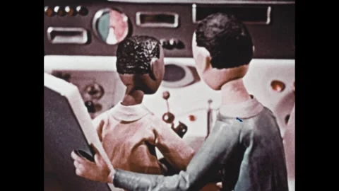 1960s: Animation, men at controls, man stands. Man by microphone. Man turns, man Stock Footage 307513855
