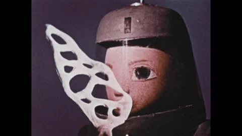 1960s: Animation, zoom in on man in space suit, man with plant superimposed over Stock Footage 307513935