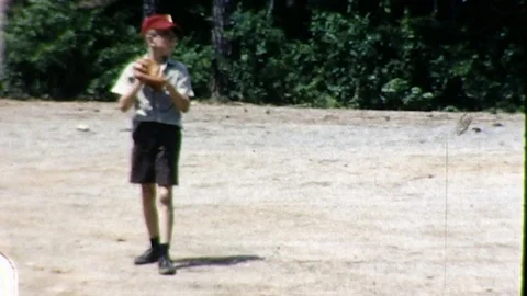 1960s Boy Plays BASEBALL Game Catches Fly Ball Mitt Vintage Film Home Movie 스톡 동영상 79089222