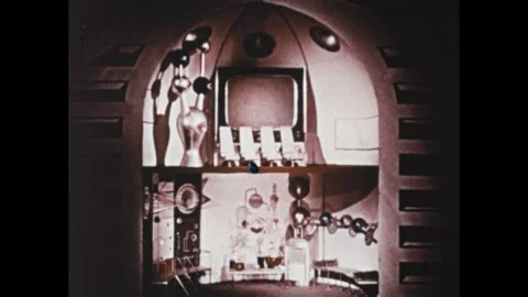 1960s: Close up, model of spacecraft. Dissolve, interior of spacecraft. View of Stock Footage 307513720