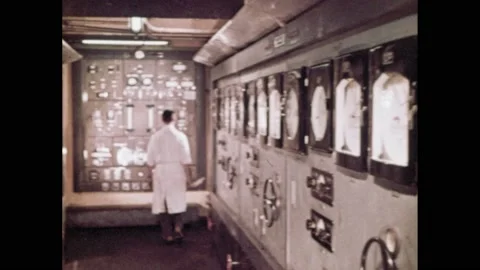 1960s: Control panels and uranium processing steps in factories at Le Bouchet 스톡 동영상 163225105