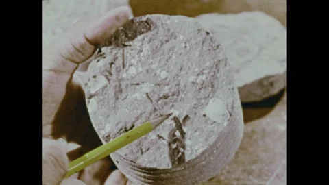 1960s: Core samples being broken apart. Parts of rock sample pointed out. Video stock 253573324