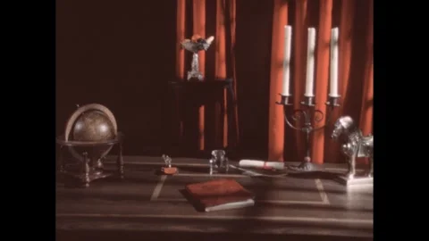 1960s: A cozy study area features an antique globe, candles, and various Video stock 295140859