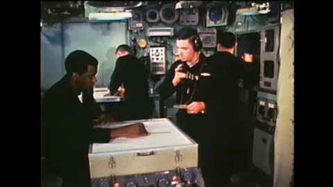1960s - The different units on the US Navy submarine communicate as they detect Stock-Footage 143841001