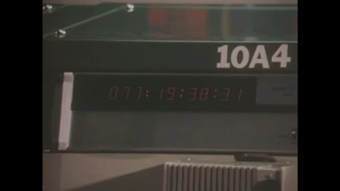 1960s: Digital clock counts as person hangs up phone on computer console. Stock Footage 84734256