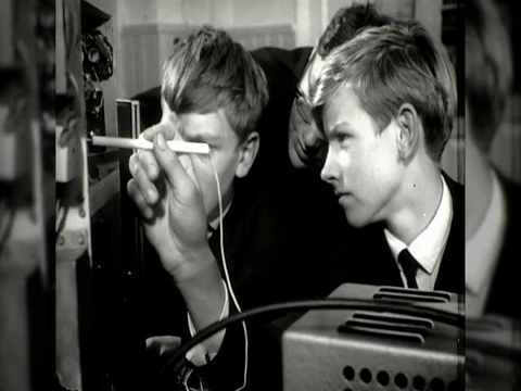 1960s Electronics Classroom Teacher Tech Students Learn Tech Vintage Film Movie Stock Footage