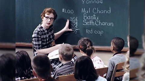 1960s Elementary School Student Teacher Math Blackboard Vintage Film Movie Video stock 92196680