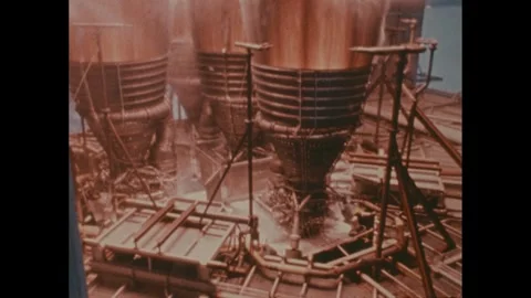 1960s: Flames shooting out of the rocket nozzles on the test apparatus, all in Stock Footage 276428149