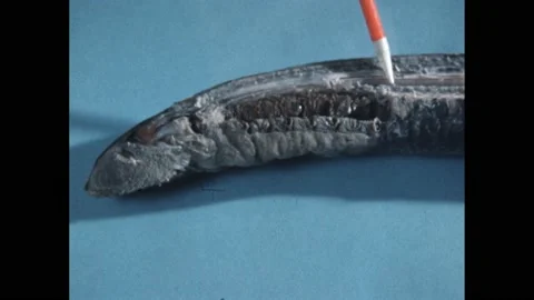 1960s: Hand and pointer traces dead body of amphioxus on table. Tweezers remove Stock Footage 194465603