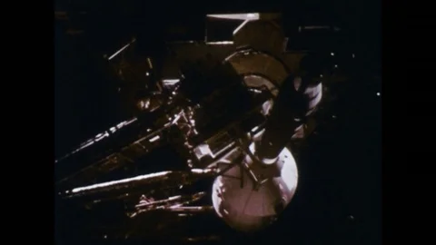 1960s: High angle view, rocket on launch pad / Nose of rocket / Low angle view Stock Footage