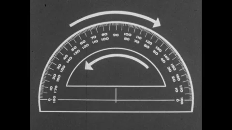 1960s: Image of protractor, two arrows point in opposite directions. Two lines Stock Footage 252861228