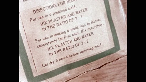 1960s: Instructions for plaster of Paris being pointed out. The ratio of plaster Stock Footage 233218605
