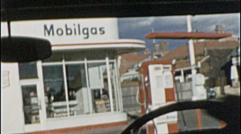 1960s Man Drives Pulls Into Gas Station Fill-up Road Travel Vintage Film Movie 스톡 동영상 34265855