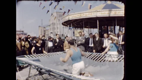 1960s Man Jump Trampoline Acrobat Bouncing Jumper Circus Vintage Film Home Movie Stock Footage
