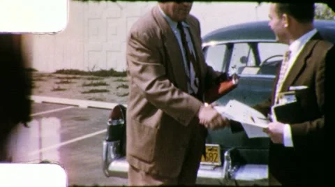 1960s MAN Selling BUYING New USED CAR Vintage Retro Amateur Old Home Movie Film Stock Footage