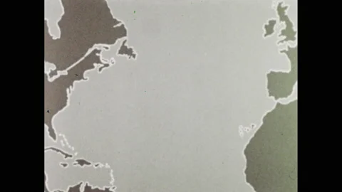 1960s: Map of Atlantic Ocean and Europe and Americas. Lines cross map. Stock Footage 147203269