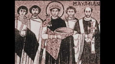 1960s: Map of Emperor Justinian realm 527-565 A.D. Mosaic of Justinian I from 库存影片 295374456