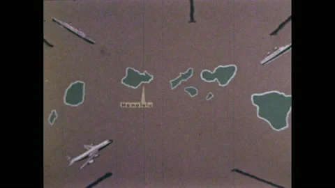 1960s: Map of Hawaiian Islands. Map of Oahu with a pointer to Honolulu. Diagram Stock Footage