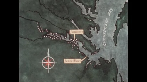 1960s: Map of Virginia, dots appear. Map of Virginia, label showing Jonestown, Stock Footage 295212146