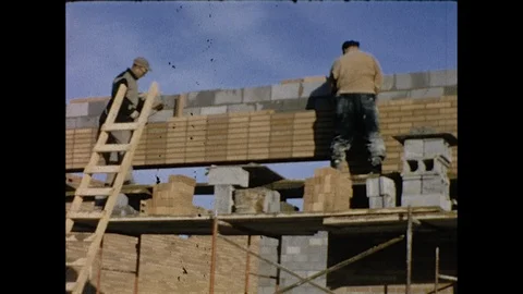 1960s Men Masons Bricklayers Work Scaffold Laying Brick Vintage Film Home Movie 스톡 동영상 114948279