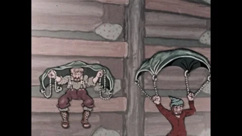 1960s: Men parachute down to floor. Cooks smile at workers. Video stock 255867821