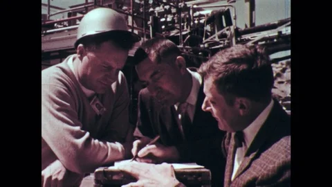 1960s: Men speak, men look at book, Man writes, Hand holds pencil, Hand closes Stock Footage