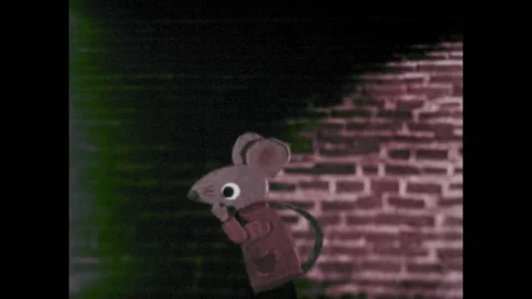 1960s: Mouse walking in tunnel. Window opens, mouse in hole, mouse climbs ladder Stock Footage 270837734