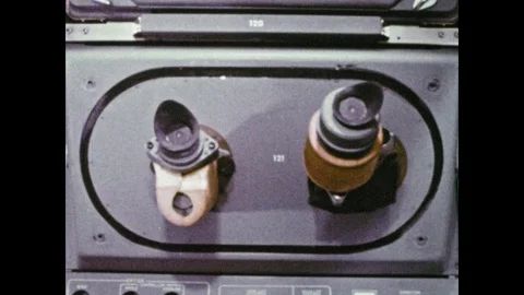 1960s: Navigational controls and scopes on instrument panel. Steering joystick Stock Footage 101404451