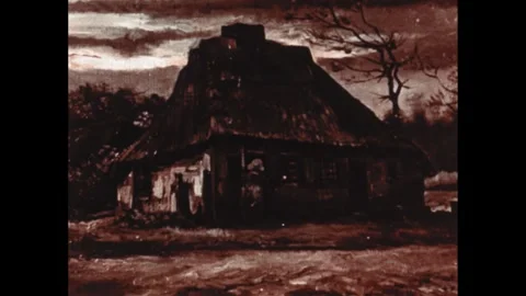 1960s: Paintings of trees in leaf. Dark, moody exterior painting of bungalow Stock Footage 295211870