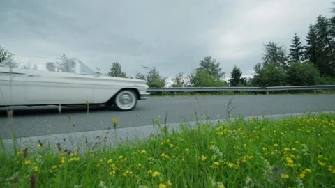 1960s Pontiac Oldtimer Driving Through Foggy Countryside – Aerial View Video stock 314031910