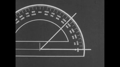 1960s: Protractor, two lines make a forty-five degree angle. Arrows point to Stock Footage 252861226
